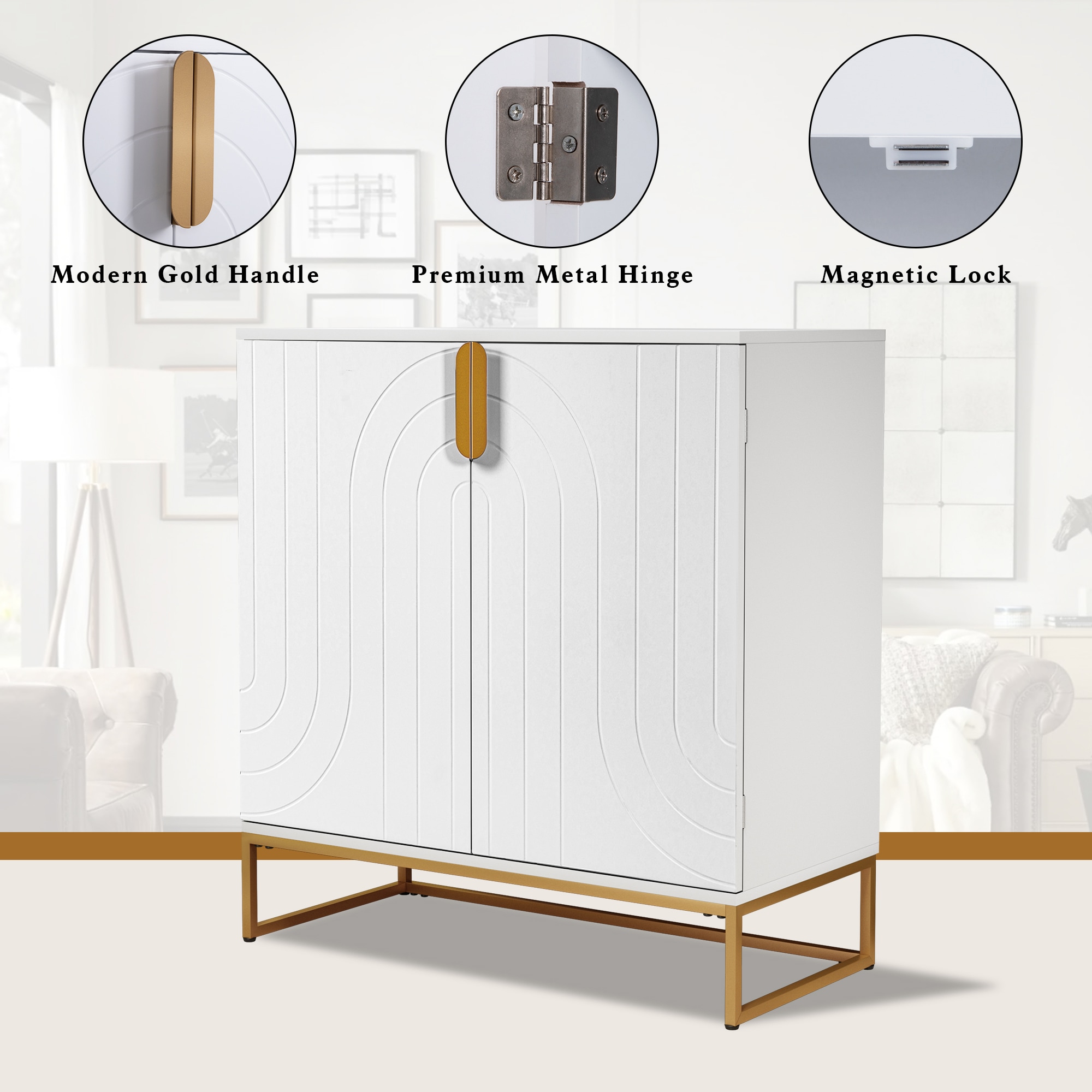 Accent Wood Grain Cabinet With 2 Doors, Storage Cabinet Sideboard With Gold Metal Legs For Living Room,Entryway And Kitchen Dining Room, White_voghion.com